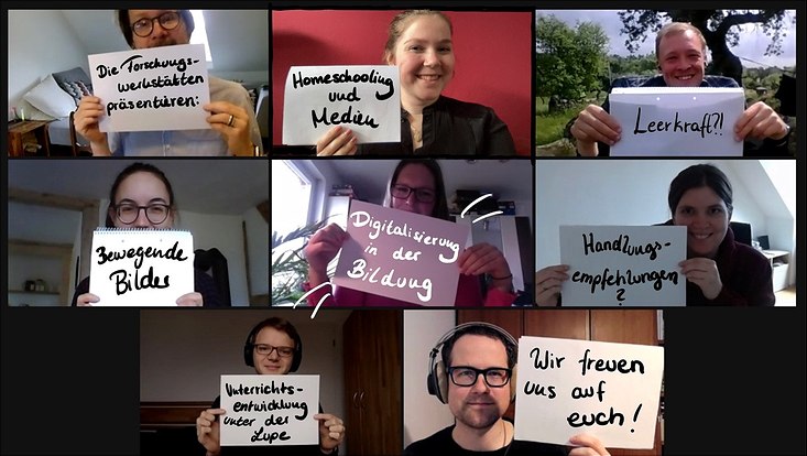 Auf insgesamt acht Videobildchen sind Studierende zu sehen, die Schilder mit Worten zum Fachtag in die Kamera halten.