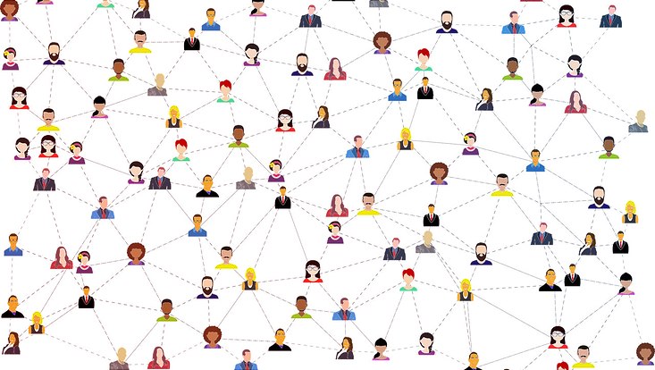 grafische Darstellung vieler verschiedener Personen, die über Linien in einem Netzwerk verbunden sind