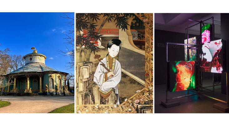 Images (from left to right): Chinesische Teehaus im Park Sanssouci in Potsdam. Photo by Yuning Teng. Detail from Screen of Twelve Beauties, 1709-1723, ink and colour on silk. Palace museum, Beijing. Hito Steyerl, Power Plants, Installation view, 2019