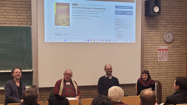 Presentación del libro "Der Fall Eichmann transnational" con personas en primer plano.