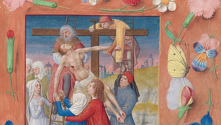 Hours of Queen Isabella the Catholic, Queen of Spain: Fol. 73r, Descent from the Cross c. 1500. Master of the First Prayerbook of Maximillian and Associates.