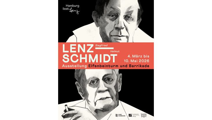 grafische Darstellung: oben Siegfried Lenz, unten Helmut Schmidt, getrennt durch einen waagerechten roten Streifen in der Mitte, darauf die Daten der Ausstellung
