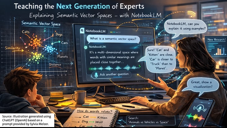 Studentin sitzt zu Hause am Schreibtisch, nutzt NotebookLM auf dem Computer zur Wiederholung von Lehrinhalten zu semantischen Vektorräumen, während ein Junge zuschaut und auf ihrem Smartphone eine Audio-File abgespielt wird.