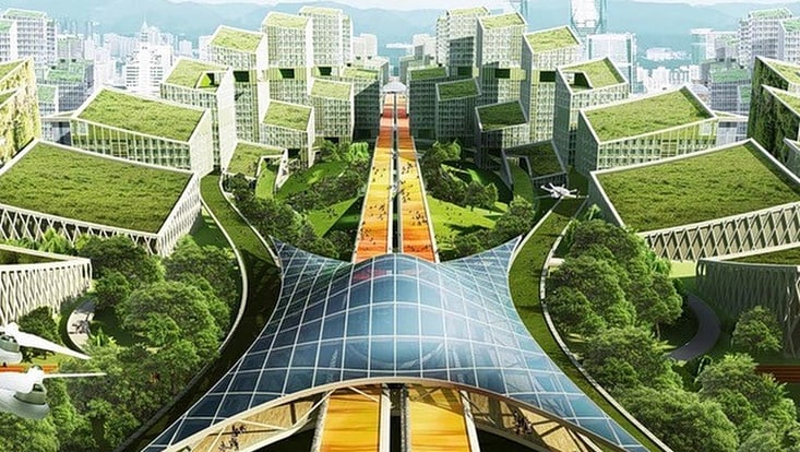 Futuristische Stadt mit Bäumen