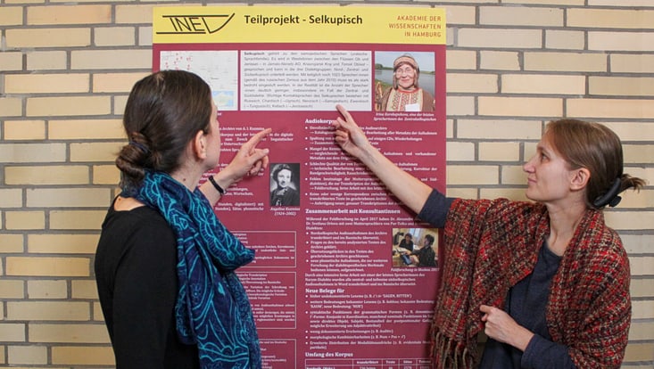 zwei Frauen deuten auf ein Plakat, dessen Überschrift "Teilprojekt Selkupisch" ist