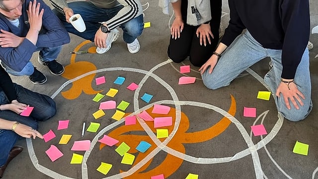 Bunte Notizzettel liegen auf dem Boden, Studierende sitzen im Kreis darum und besprechen die Projekte