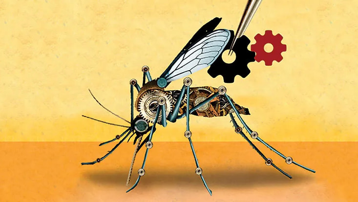 Illustration eines Mücken-Maschinen-Hybrids aus Zahnrädern, Stangen und weiteren Metallteilen.