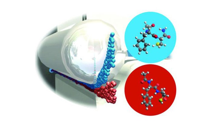 Unterschiedliche 3-D-Strukturen biologischer Moleküle, wie etwa ein Dipeptid mit zwei verschiedenen Konformeren (hier rot und blau abgebildet).