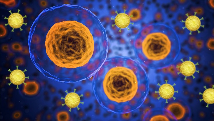 Künstlerische Darstellung von menschlichen Zellen mit Gold-Nanopartikeln Künstlerische Darstellung von menschlichen Zellen mit Gold-Nanopartikeln