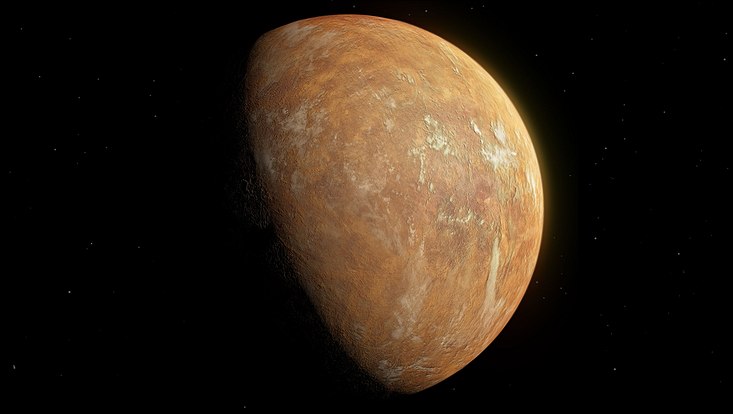 Künstlerische Darstellung des Planeten von Barnards Stern unter dem orangefarbenen Licht des Sterns. Künstlerische Darstellung des Planeten von Barnards Stern unter dem orangefarbenen Licht des Sterns.