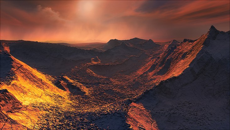 Dieses Bild zeigt den Eindruck eines Künstlers von der Oberfläche des Planeten Barnard B. Dieses Bild zeigt den Eindruck eines Künstlers von der Oberfläche des Planeten Barnard B.