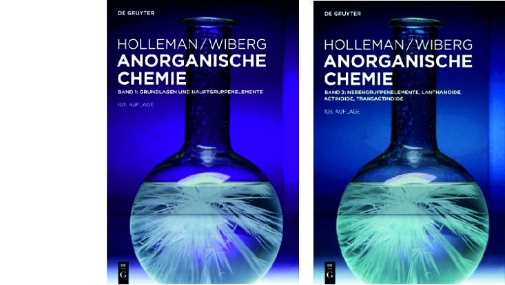 Buchcover Anorganische Chemie: Band 1 – Grundlagen und Hauptgruppenelemente“ und „Anorganische Chemie: Band 2 – Nebengruppenelemente, Lanthanoide, Actinoide, Transactinoide
