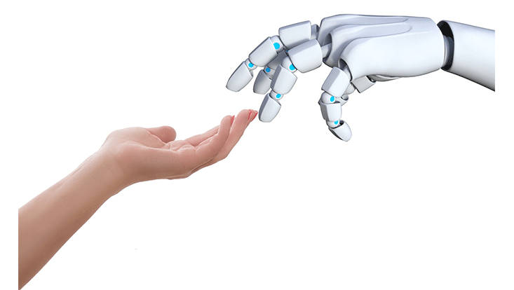menschliche Hand und Roboterhand berühren sich