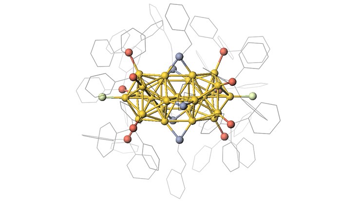 klinke-metallcluster Modell der atomar-genauen Goldcluster mit 25 Goldatomen und stabilisierenden Ligandenmolekülen.
