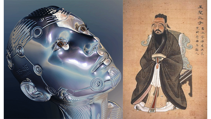 head of robot on the left side of the picture and ancient Konfuzius portrait on the right side of the picture