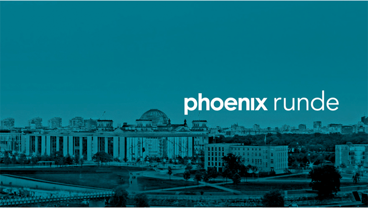 blau gehaltene Grafik, die einen Blick über Berlin auf den Deutschen Bundestag und den weißen Schriftzug phoenix-runde zeigt