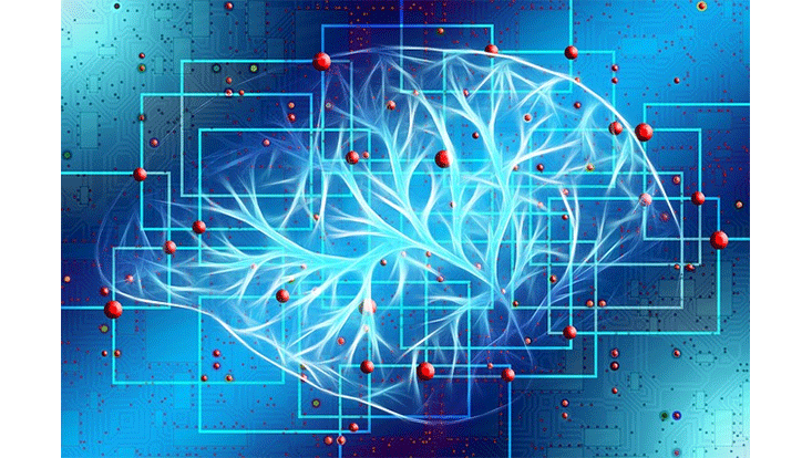 Imagebild künstliche Intelligenz, vernetztes Gehirn vor blauem Hintergrund mit Schaltkreisen