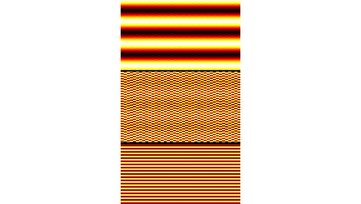 excited-chain-relaxation The relaxation of a nonlinearly excited chain of particles in a lattice towards its equilibrium configuration gives rise to collective behavior in terms of oscillation patterns. The figure shows extracts from the time-evolution of the chain's velocit