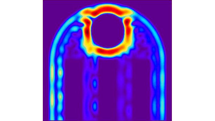 half-elliptical-quantum-billiard An electron wave flowing through an open, half-elliptical quantum billiard with four leads, in a strong magnetic field. Coming in through the leftmost lead, the electron forms an edge state which circulates around an obstacle in the middle.