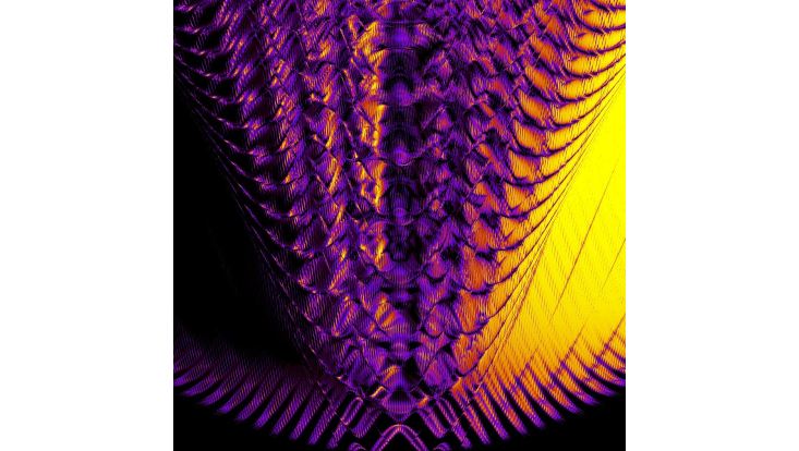 quantum-billiard-transmission Transmission as a function of energy (vertical axis) and magnetic field (horizontal axis) for electron waves flowing through a four-terminal lattice of elliptic quantum dots (see previous picture) from the upper left to the upper right lead.