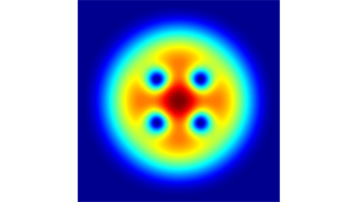 bec-vortices Stirring this superfluid excites quantized vortices. The picture shows the simulated density profile of a condensate cloud with four such vortices.