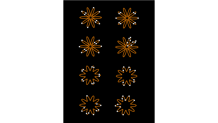 ions-toroidal-helix Repulsive ions constrained to move on a toroidal helix can stabilize in many different configurations. Here eight such patterns are seen from above.