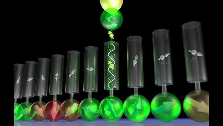 : Künstlerische Darstellung der Injektion von spinpolarisierten Elektronen in eine Vakuum-Falle zwischen einer atomar scharfen Spitze und magnetischen Atomen auf einer Oberfläche.