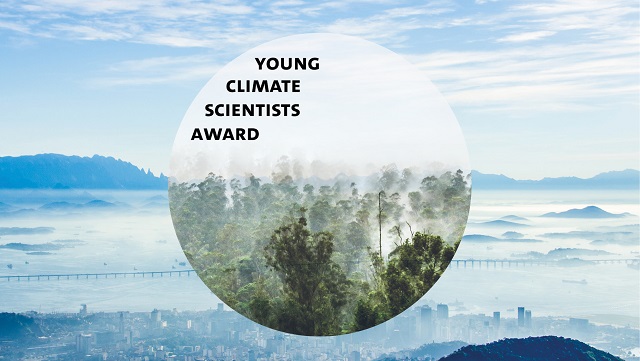 stadt-wald Eine blaue Stadt. Davor ein Kreis. Im Kreis grüner Regenwald. Im Kreis steht "Young Climate Scientist Award".