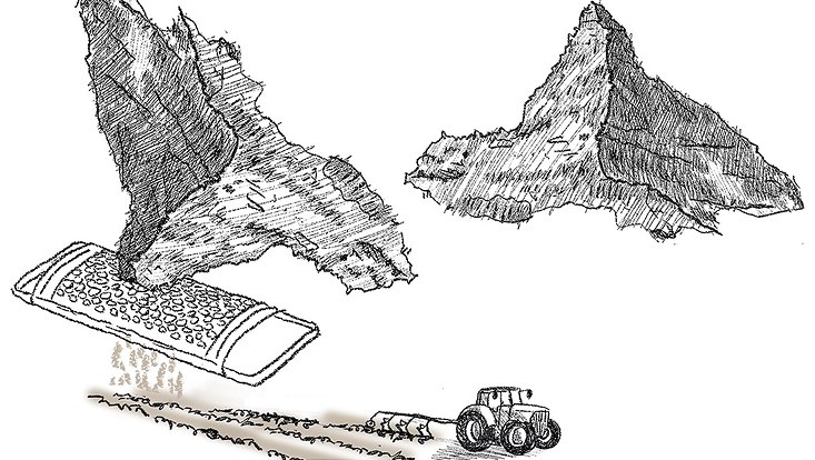 Zeichnung, Berg, Gestein wird mit Reibe zu Boden zerrieben