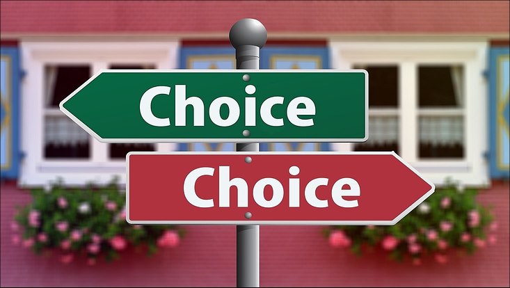 Grünes und rotes Schild mit Aufschrift Choice zeigen in verschiedene Richtungen