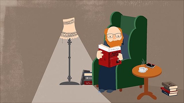 standbild-lauterbach-640x361 Illustration von Prof. Reiner Lauterbach, wie er in einem Ohrensessel sitzt und ein Buch liest.