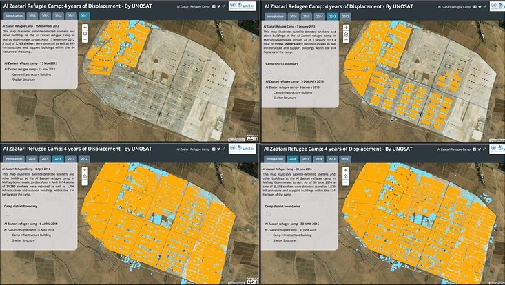 Satelitenbild Flüchtlingslager, Interaktive Karte des Wachstums von Zaatari von 2012 bis 2016.