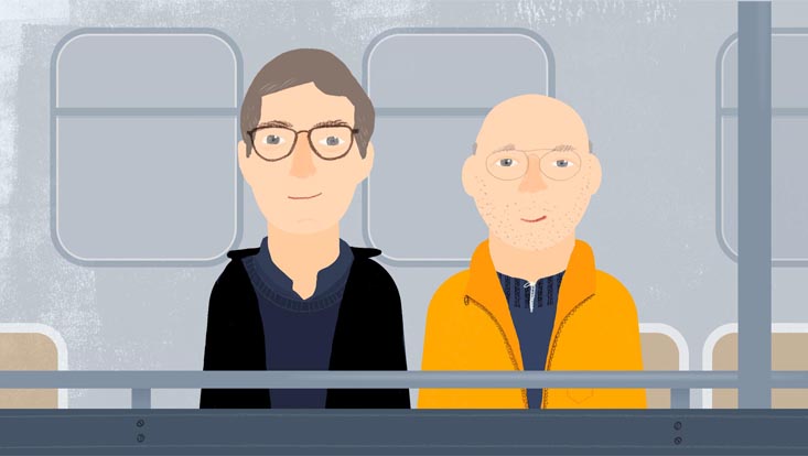 Zeichnung von Prof. Jörn Behrens und seinem Freund an der Reling eines Fährschiffes.