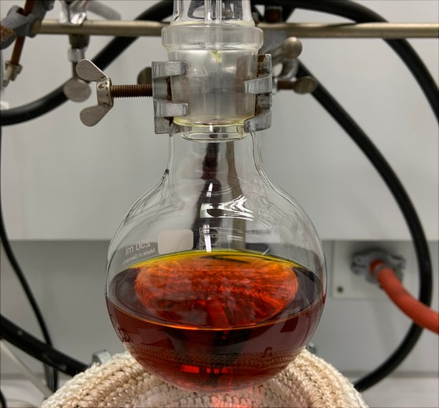 Chemie Module Rundkolben mit Curcuma-Extrakt an Stativklemme über Heizpilz.