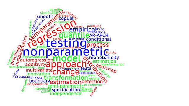 Schlagwortwolke „Publikationen” Schlagwortwolke in verschiedenen Farben, alle Themen haben Bezug zur Mathematischen Statistik