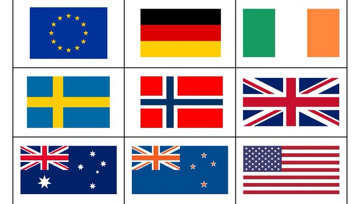 Flaggen der Europäischen Union, Irlands, Deutschlands, Schwedens, Norwegens, Großbritanniens, Australiens, Neuseelands und der Vereinigten Staaten von Amerika.