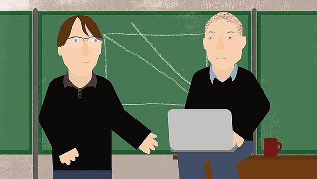 die-schönheit-der-mathematik-ankündigungsbild-episode7-640x361 Zeichnung von Juniorprofessor Julian Holstein und einem Kollegen im Gespräch.