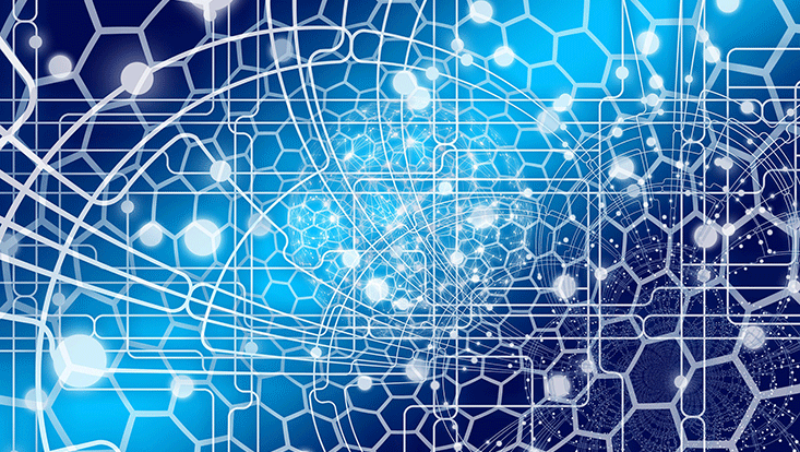 Imagebild Netzwerk: weiße wabenförmige Flächen, die an runden Knotenpunkten verbunden sind auf blauem Hintergrund