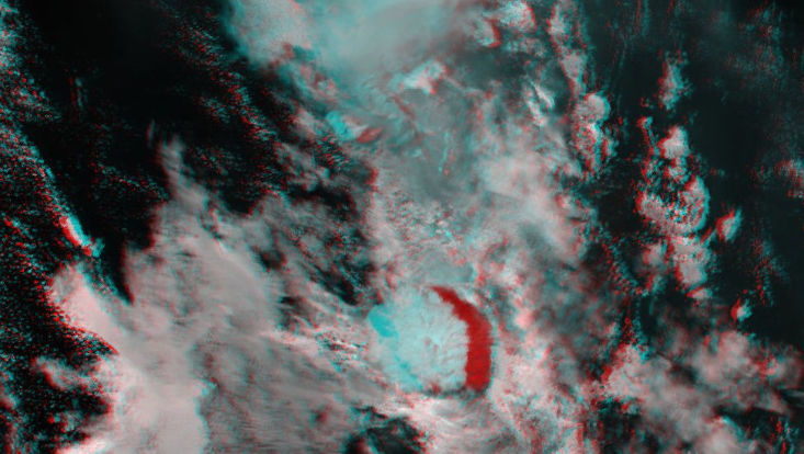 Stereo anaglyph showing the 3D structure of the La Soufriere eruption plume