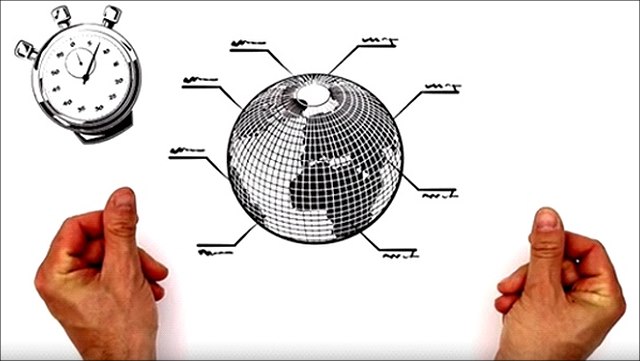 Zwei Hände um eine Abbildung der Erde und ein Wecker in der rechten Ecke