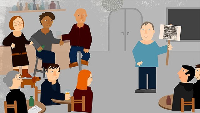 episode-4-ankündigungsbild-733x414-640x361 Illustration von Prof. Dr. Armin Iske, wie er auf einer Veranstaltung seine Forschung präsentiert.