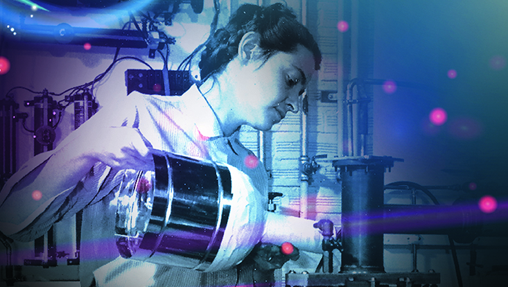 Photo of Mildred Dresselhaus as a young woman in the lab