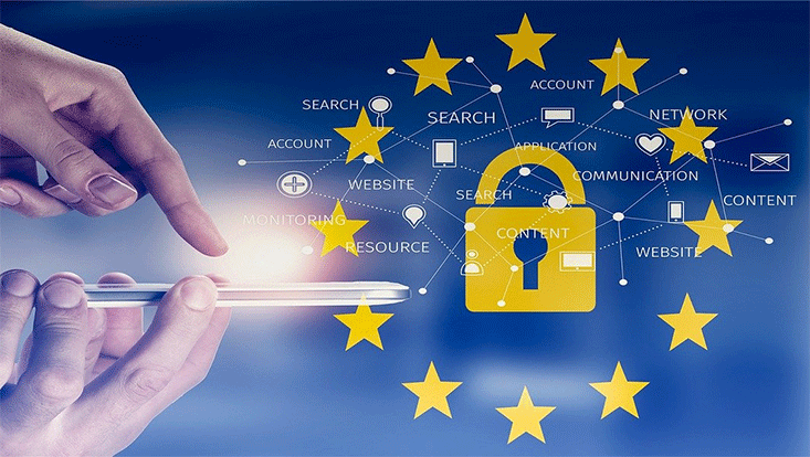 Imagebild Datenschutz in der EU: Smartphone, Sicherheitsschloss im EU-Sternenkranz und vernetzte Anwendungen, die Daten wechselseitig übermitteln