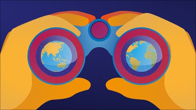 Two hands point binoculars at the globe