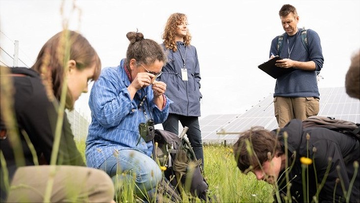 Forscherinnen knien auf Wiese um Fauna und Flora zu betrachten