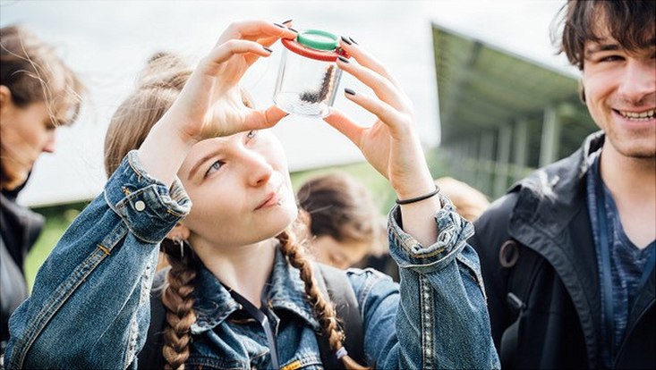 Frau betrachtet Libelle mit der Becherlupe
