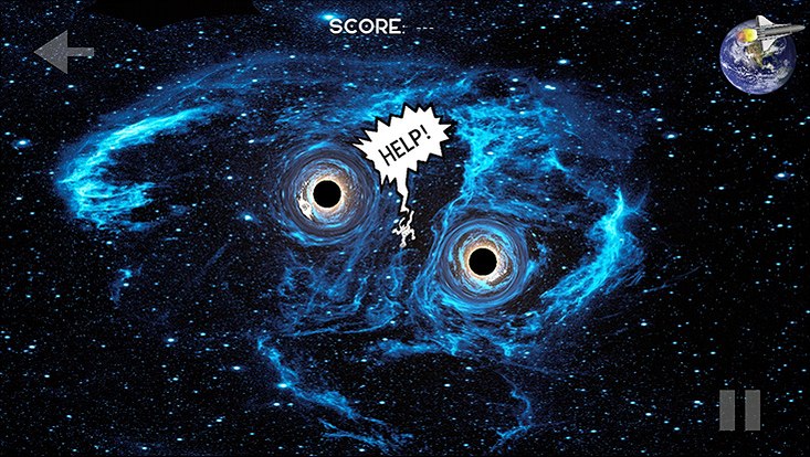 The astronaut is located between two black holes circling around each other.