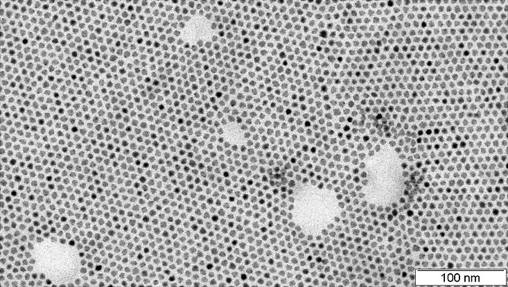 Die Aufnahme aus dem Mikroskop zeigt, dass sich die Nanopartikel zu einer Schicht mit Sechseck-Symmetrie sortieren.