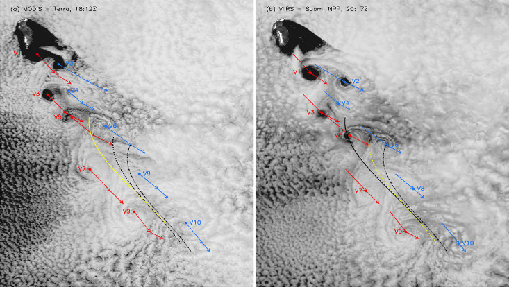 The Kármán vortex street in Guadalupe's wake on 9 May 2018 observed by MODIS Terra and VIIRS Suomi NPP.