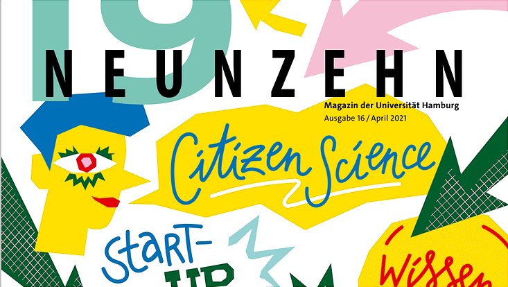 Titelblatt des UHH-Hochschulmagazins 19neunzehn, es zeigt eine bunte Illustration im Popart-Stil